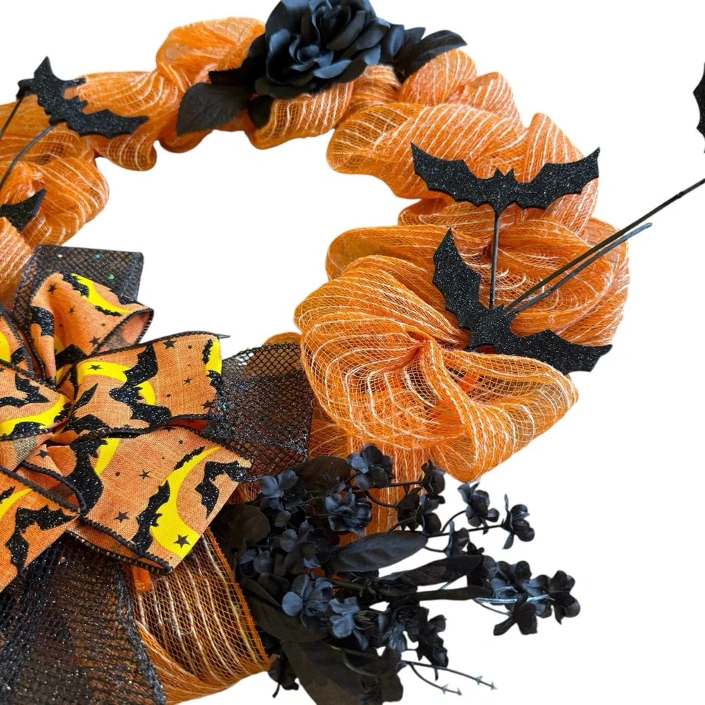 Halloween Orange & White Mesh Wreath with Black Flowers, Bats Ribbon Bow 20
